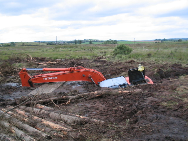 Excavator stuck in soft ground